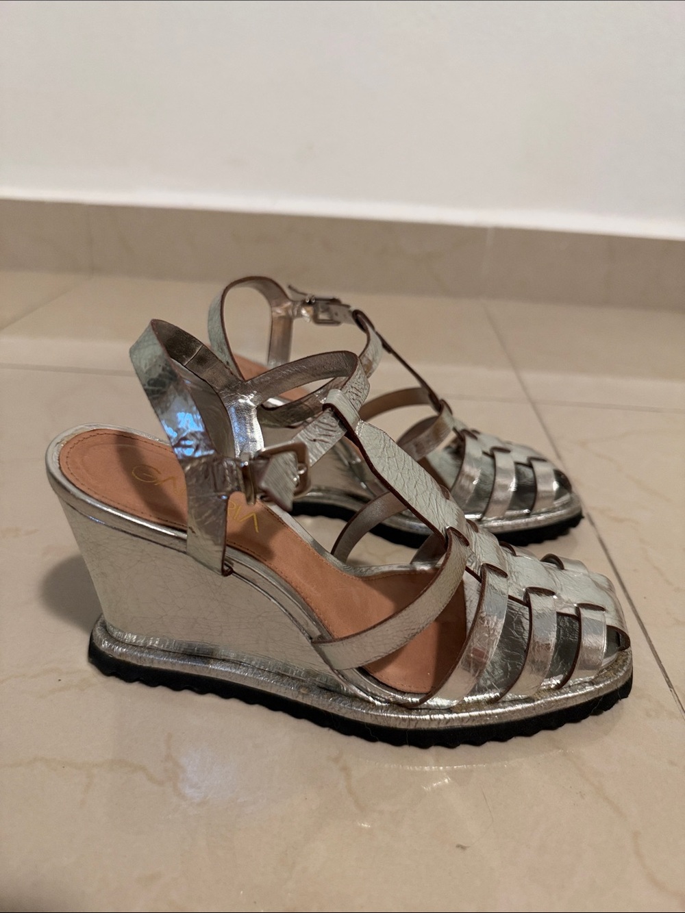 Silver Metallic Strappy Wedge Sandals for Women